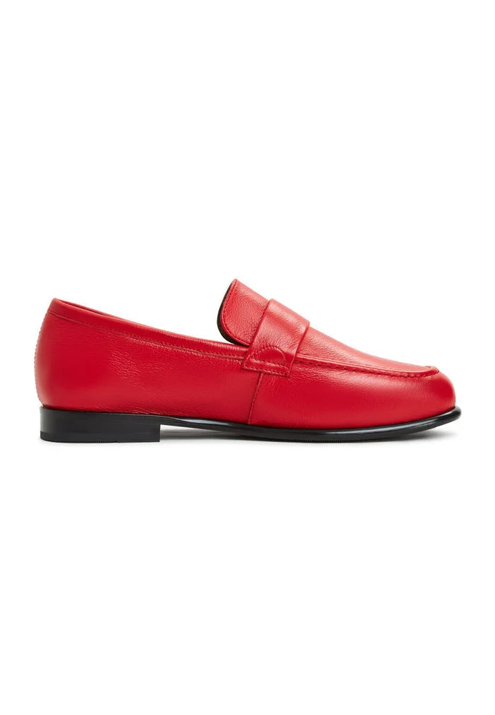 A stylish pair of red leather block heeled Abigail loafers perfect for a chic and comfortable look.