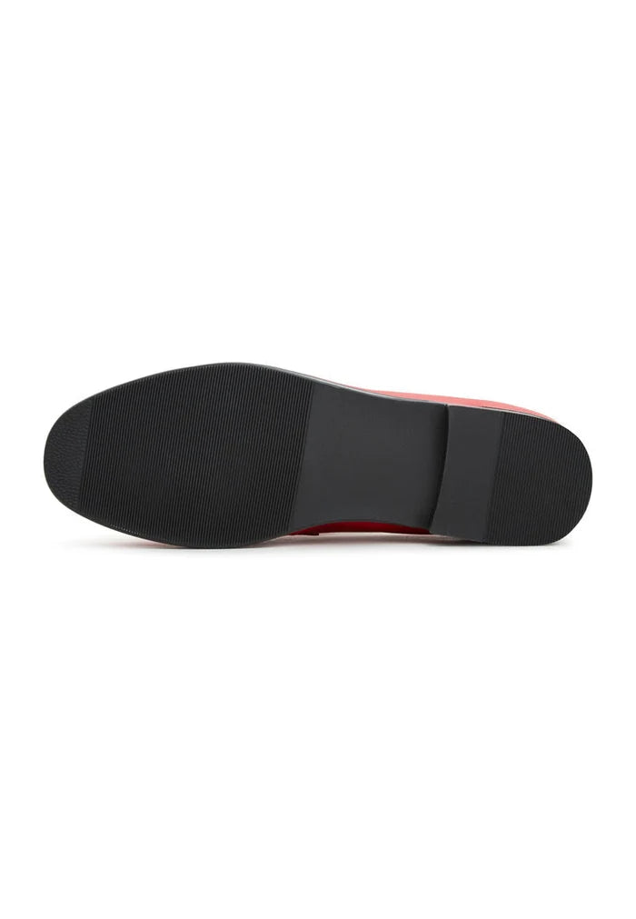 A fashionable pair of red leather Abigail loafers with block heels perfect for any outfit.