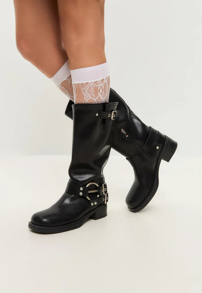 A pair of stylish black Lily women's leather boots, showcasing high-quality craftsmanship.