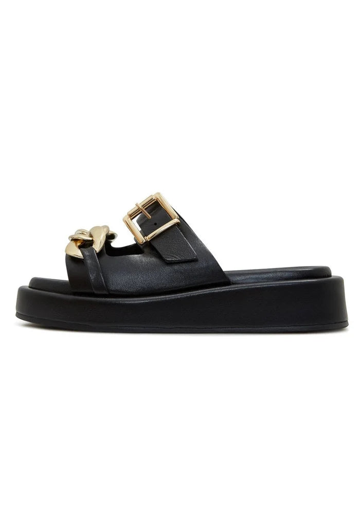 A close-up image of stylish black leather chain sandals, perfect for adding a touch of elegance to any outfit.