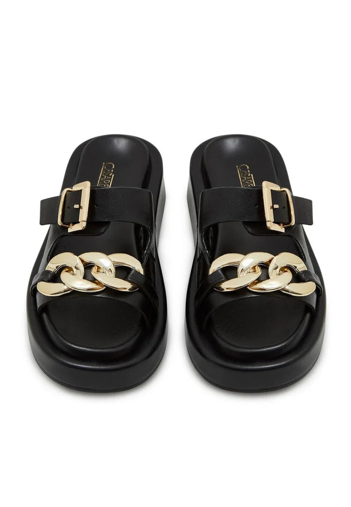 A close-up image of stylish black leather chain sandals, perfect for adding a touch of elegance to any outfit.