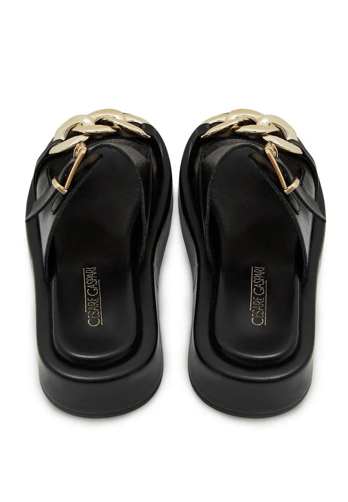 A stylish pair of black leather chain sandals, perfect for adding a touch of edgy elegance to any outfit.