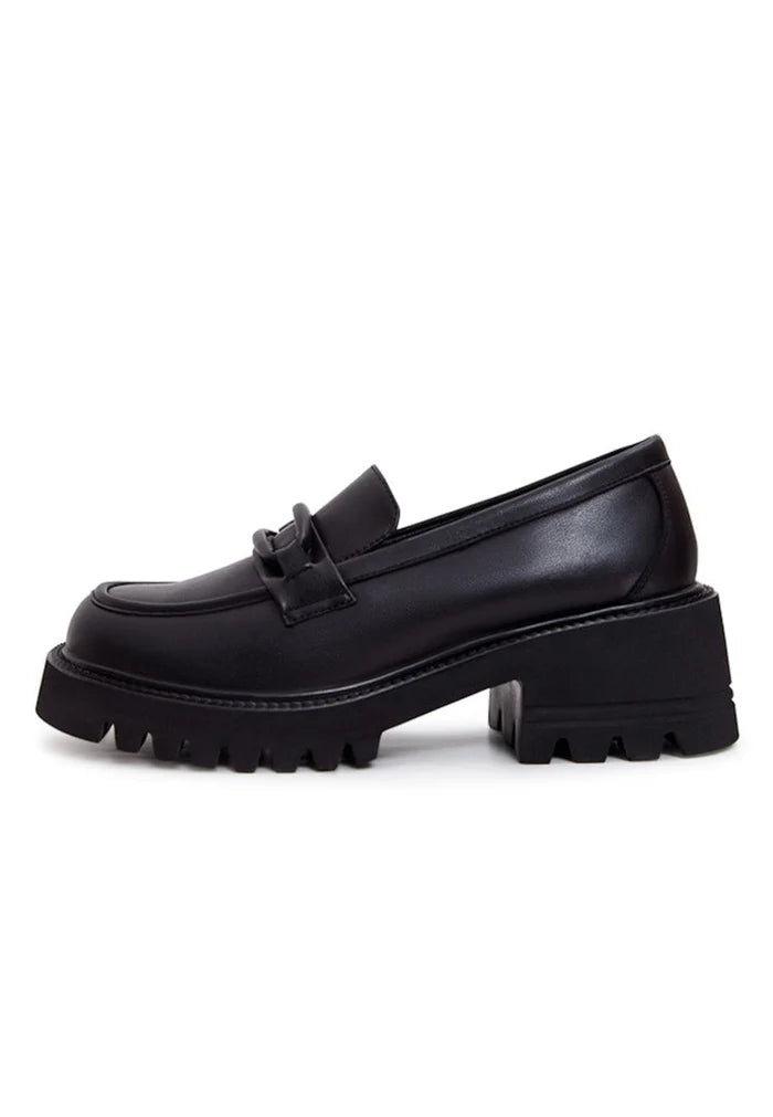 A stylish collection of black leather shoes including leather loafers, classic black heels, and block heel shoes for women.