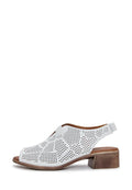 A fashionable pair of classic block heeled sandals in white leather, perfect for women's summer outfits.