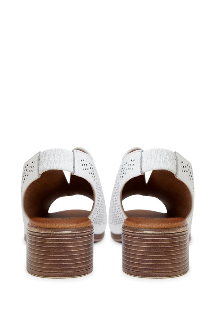 A stylish pair of women's white leather block heel sandals, perfect for a classic and elegant look.