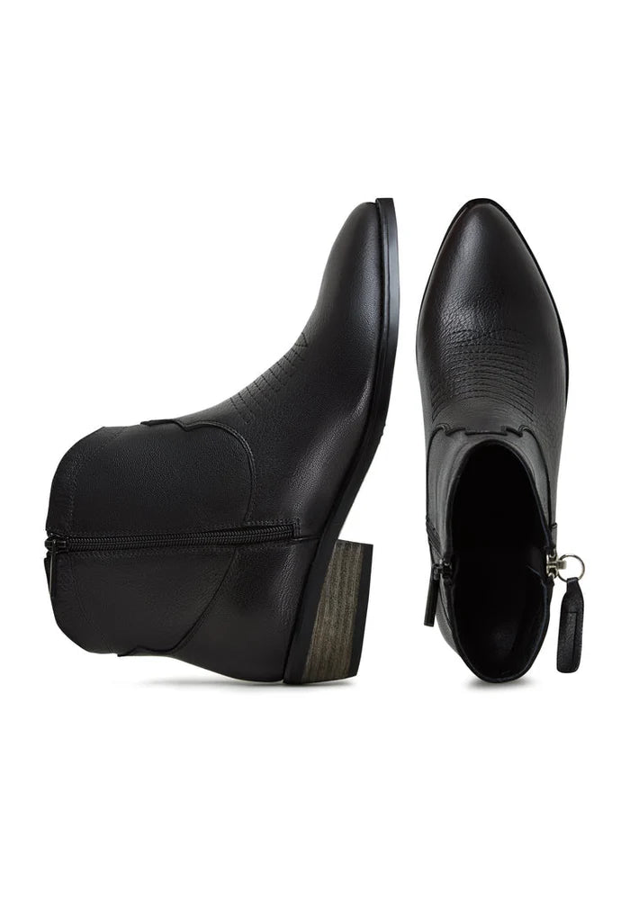 A pair of handmade black leather cowboy boots with a western style design, known as Vicky boots.