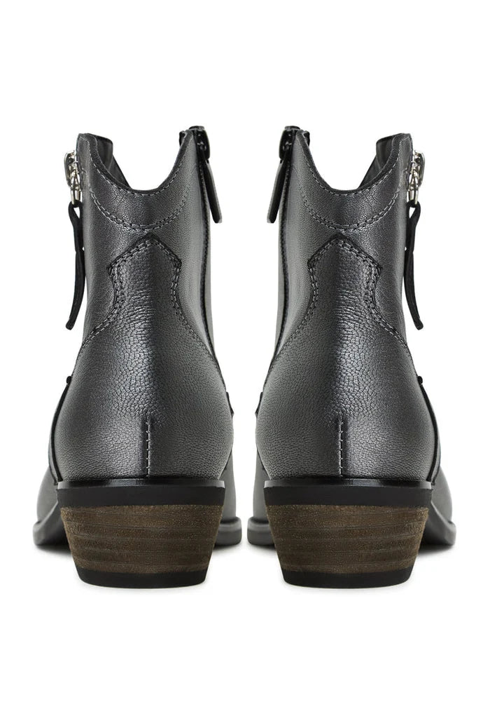 A pair of stylish grey leather cowboy boots, known as Vicky boots, featuring intricate stitching details.