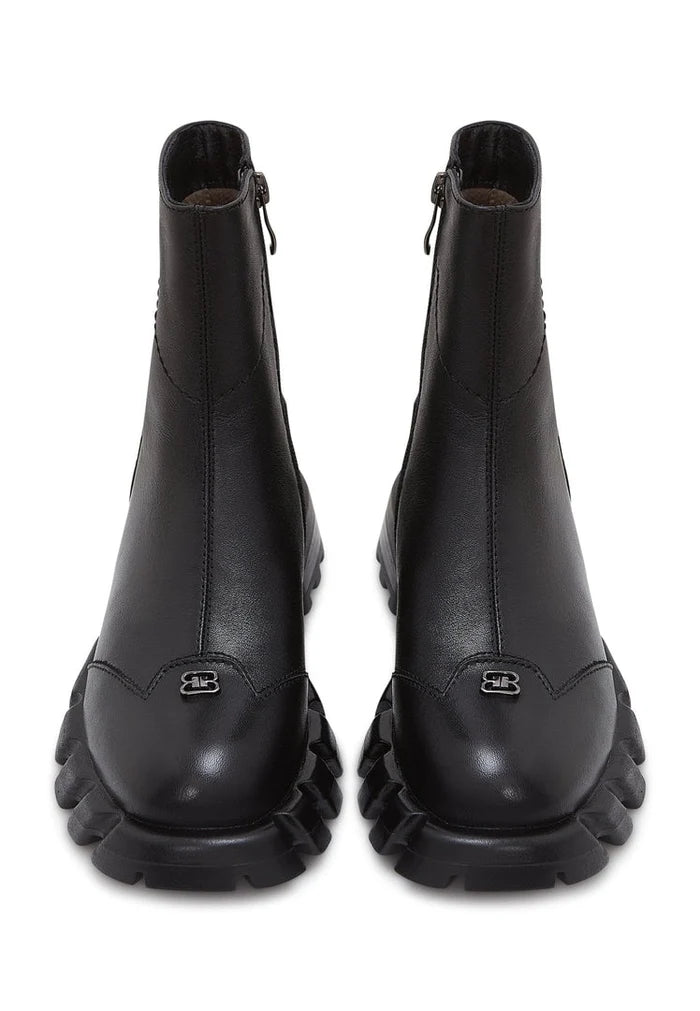 Leather Flat Sole Ankle Boots - Black