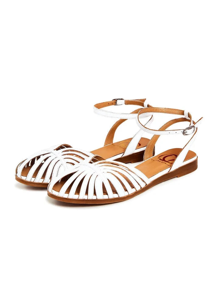 A stylish pair of white leather flat sandals for women, perfect for summer outings and everyday wear.