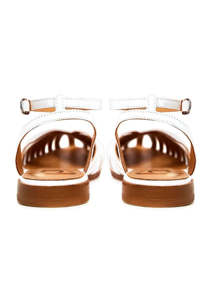 A pair of stylish white leather flat sandals for women, perfect for any summertime outfit.