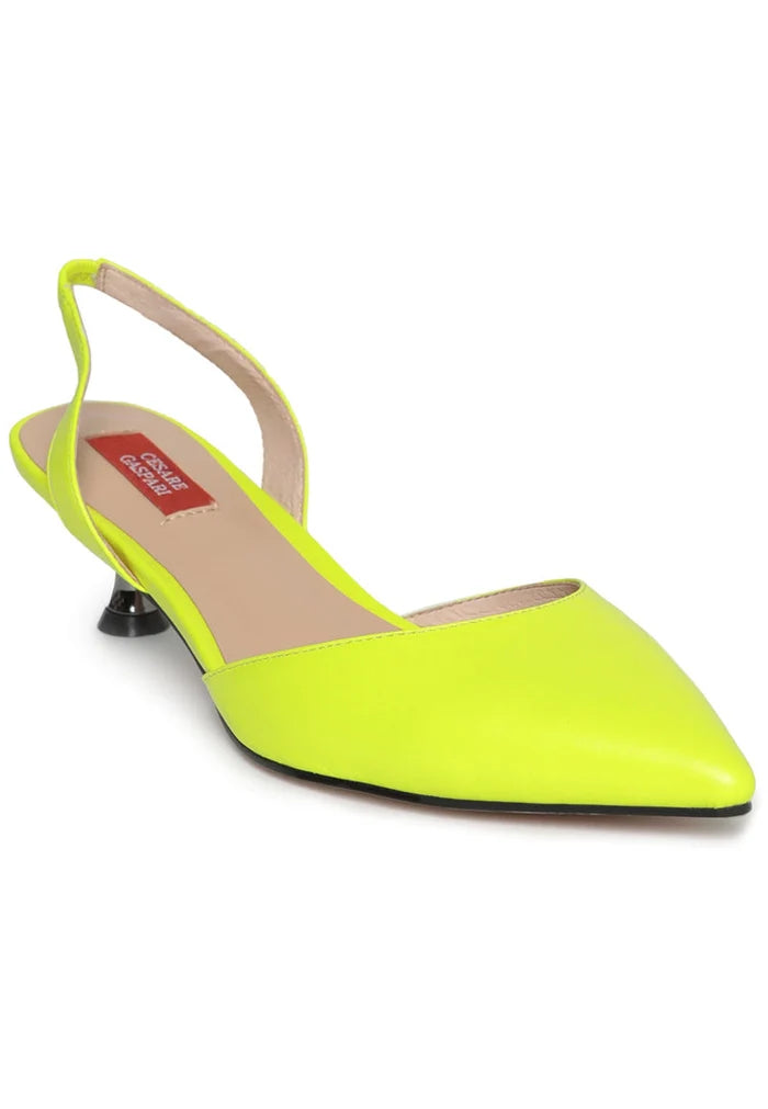 A stylish pair of women's green leather kitten heel sandals, perfect for adding a touch of elegance to any outfit.