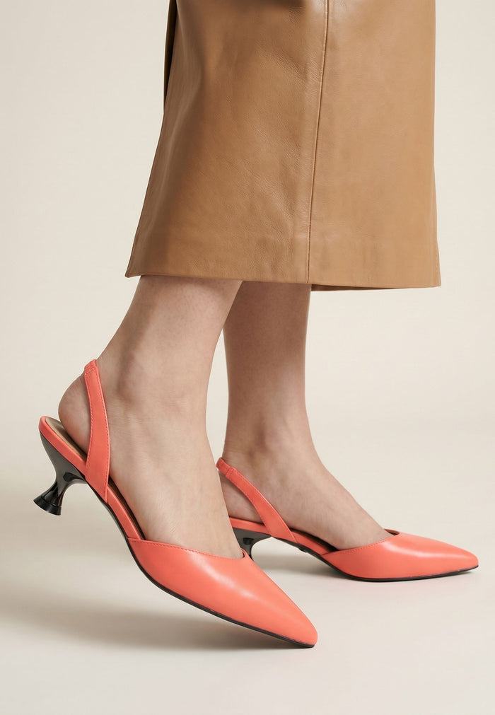 Leather Kitten Heel Sandals - Orange