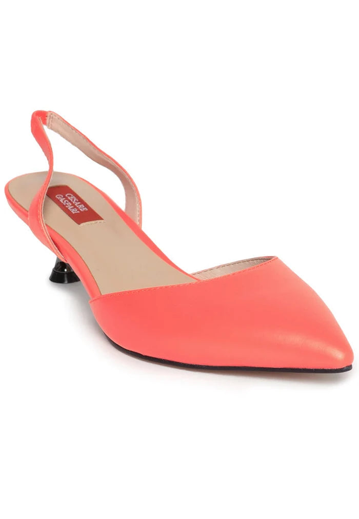 A stylish pair of women's orange leather kitten heel sandals, perfect for a chic and trendy look.