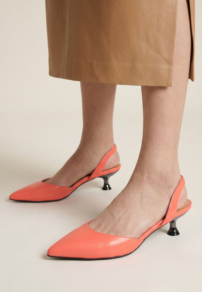 Leather Kitten Heel Sandals - Orange