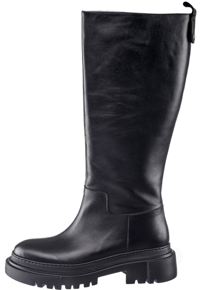 A stylish pair of knee-high black leather boots for women, known as the Anastasia Black boots, featuring high-quality leather craftsmanship.