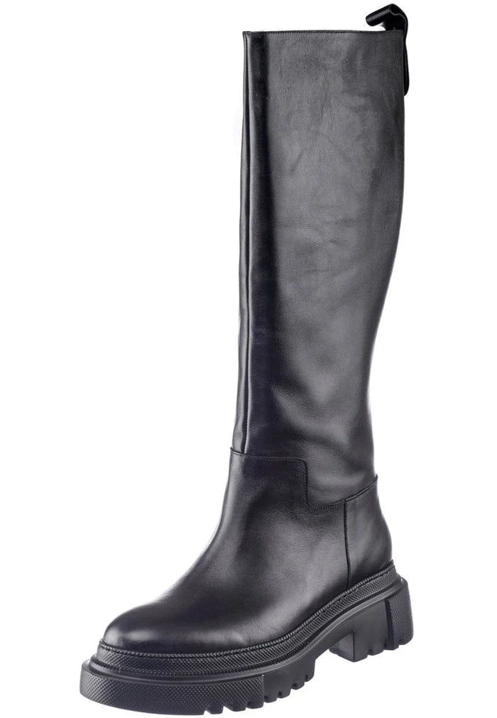 A pair of high quality leather knee high boots in black, featuring the popular Anastasia style for women.