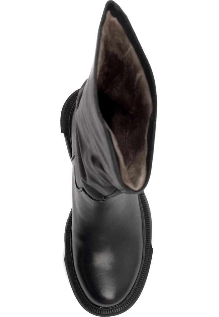 A pair of elegant black leather knee high boots, the Anastasia Black boots, a perfect choice for women looking for high quality leather footwear.