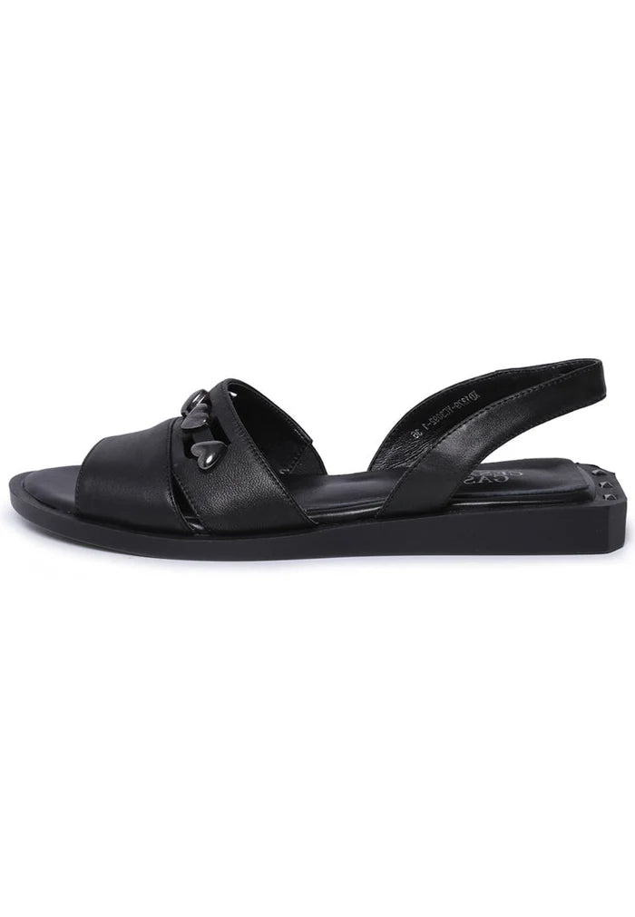 A stylish pair of black leather open toe sandals for women, perfect for summer footwear fashion.