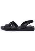 A stylish pair of black leather open toe sandals for women, perfect for summer footwear fashion.