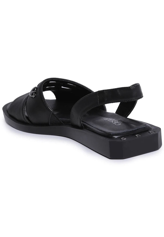 A pair of stylish black leather open toe sandals for women, perfect for summer.