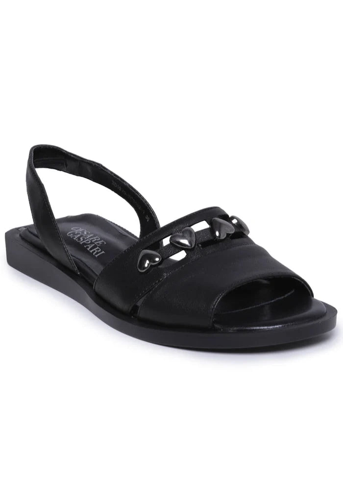 A stylish pair of black leather open toe sandals for women, perfect for summer footwear fashion.
