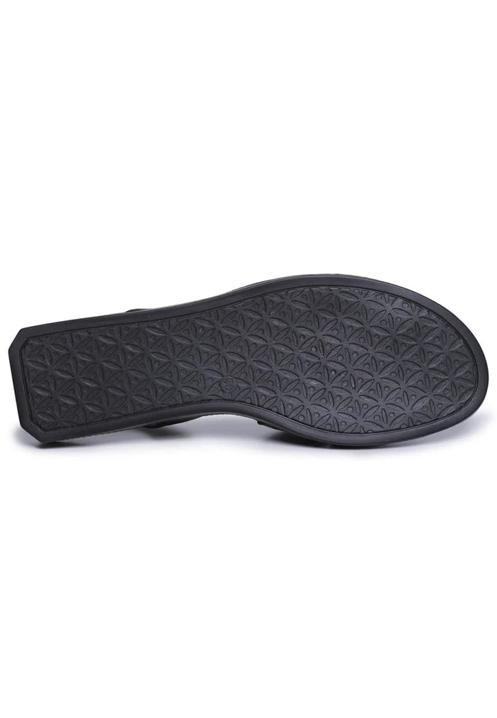A stylish pair of black leather open toe sandals, perfect for women's footwear during the summer season.