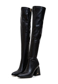 A stylish pair of black leather over the knee boots, the perfect fashion choice for women's footwear.