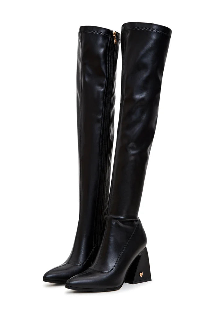A stylish pair of black leather over the knee boots, the perfect fashion choice for women's footwear.