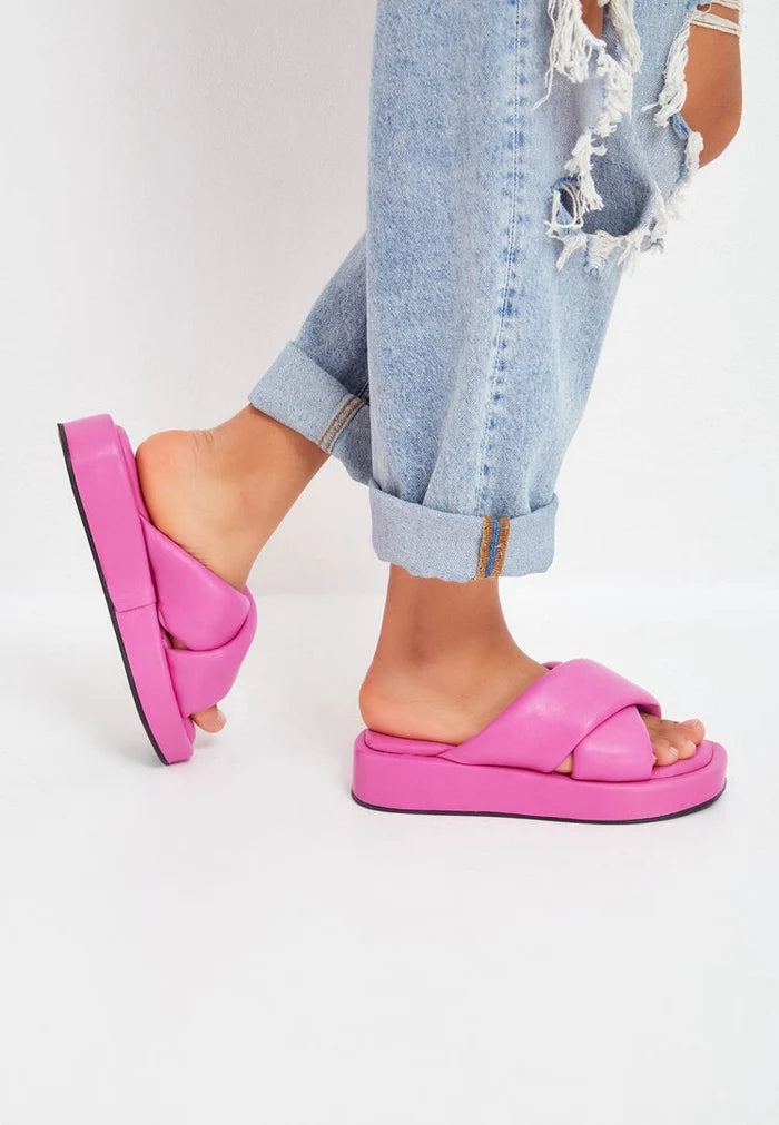 A stylish fuchsia leather platform mule with a chunky heel - a fashionable choice for women's summer footwear.
