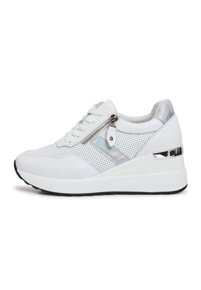 A pair of stylish white leather sneakers on a white background.