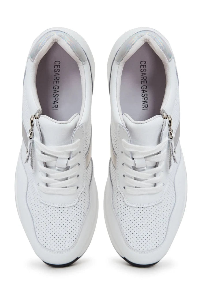 A pair of stylish white leather sneakers, perfect for any outfit.