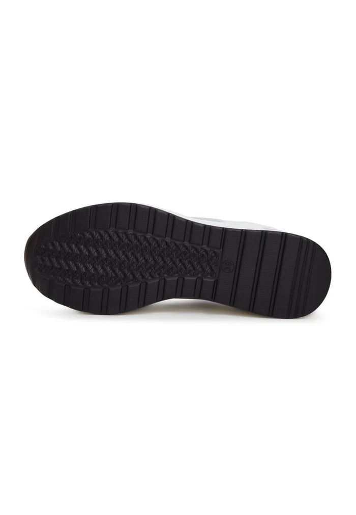 A pair of sleek white leather sneakers, the perfect stylish choice for any outfit.