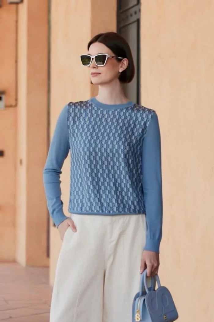 leena monogram sweatshirt in blue by buttonscarves style look