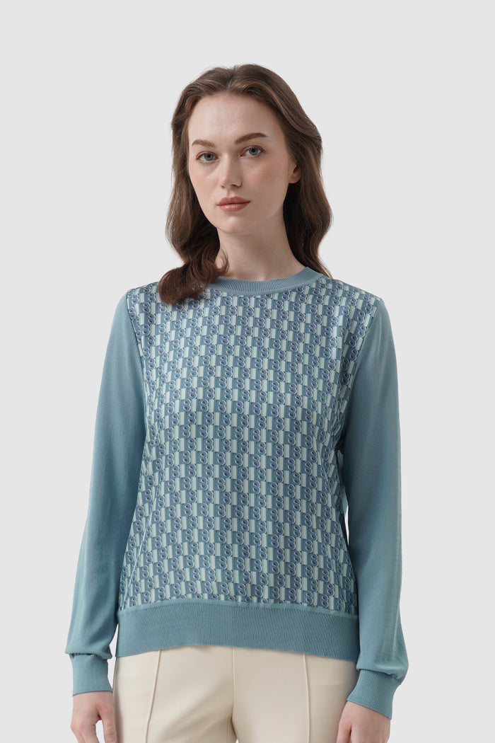 leena monogram sweatshirt in blue by buttonscarves front view