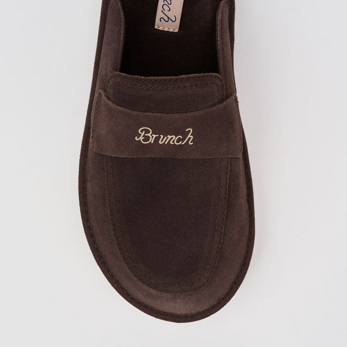Top-down view of dark brown suede Loafer showing embroidered Brunch logo on vamp and stitched apron toe on light background