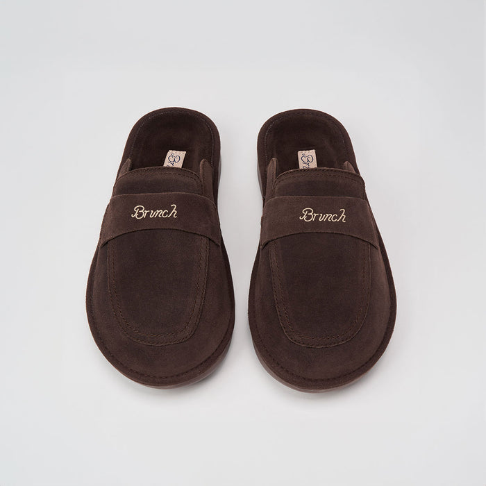 Top-down view of Dark Brown suede Loafer pair showing embroidered Brunch logo and cushioned slip-on on light gray background