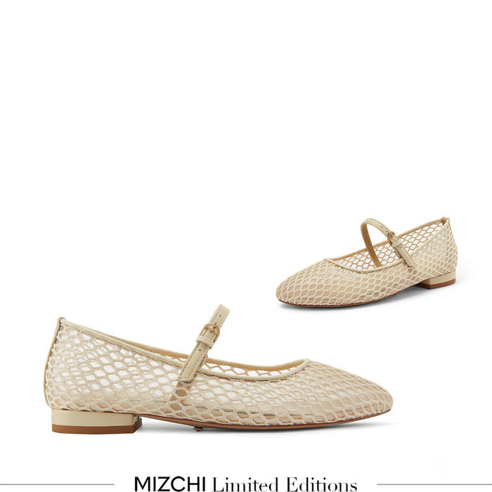 Lola - Beige Mesh Mary Jane Flats