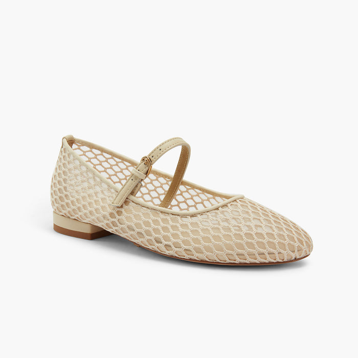 Lola - Beige Mesh Mary Jane Flats