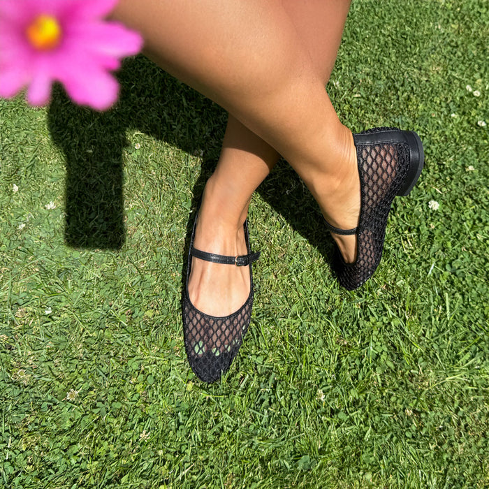 Lola - Black Mesh Mary Jane Flats