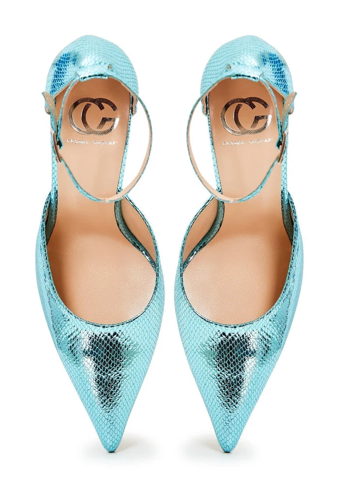 A pair of luxurious blue designer high heel pumps, perfect for those seeking luxury footwear with an elegant touch.