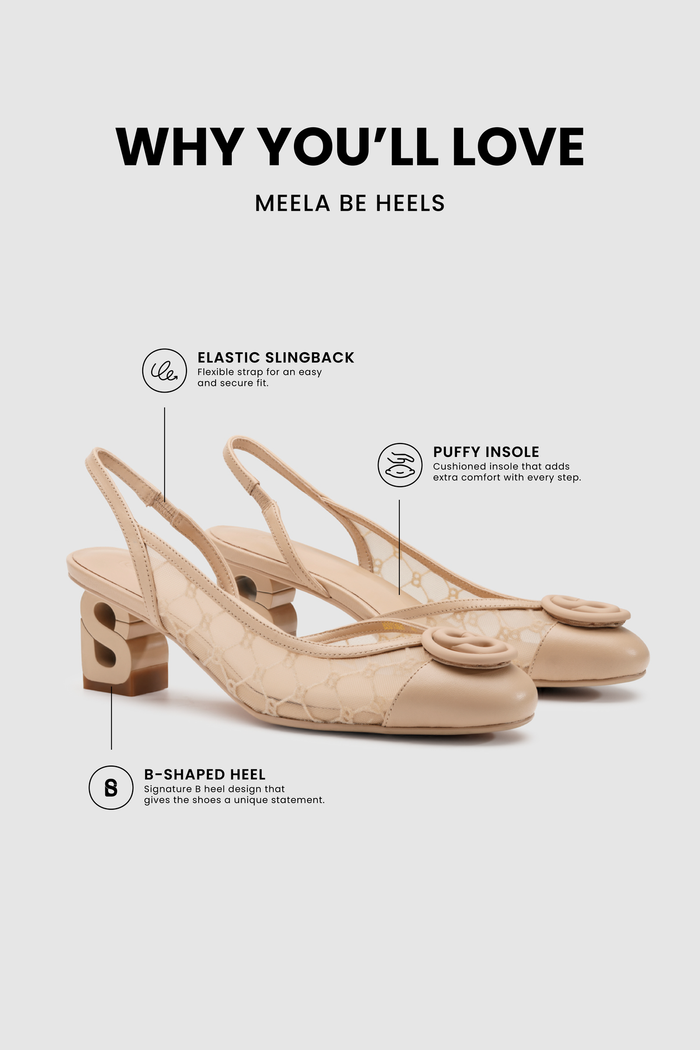 meela be heels in cappucino with soft lining puffy insole, gold hardware and signature b heel