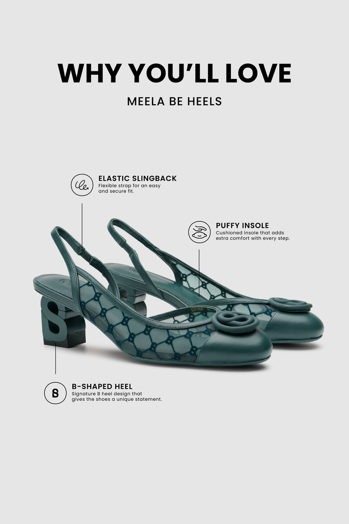 meela be heels in teal with soft lining puffy insole, gold hardware and signature b heel