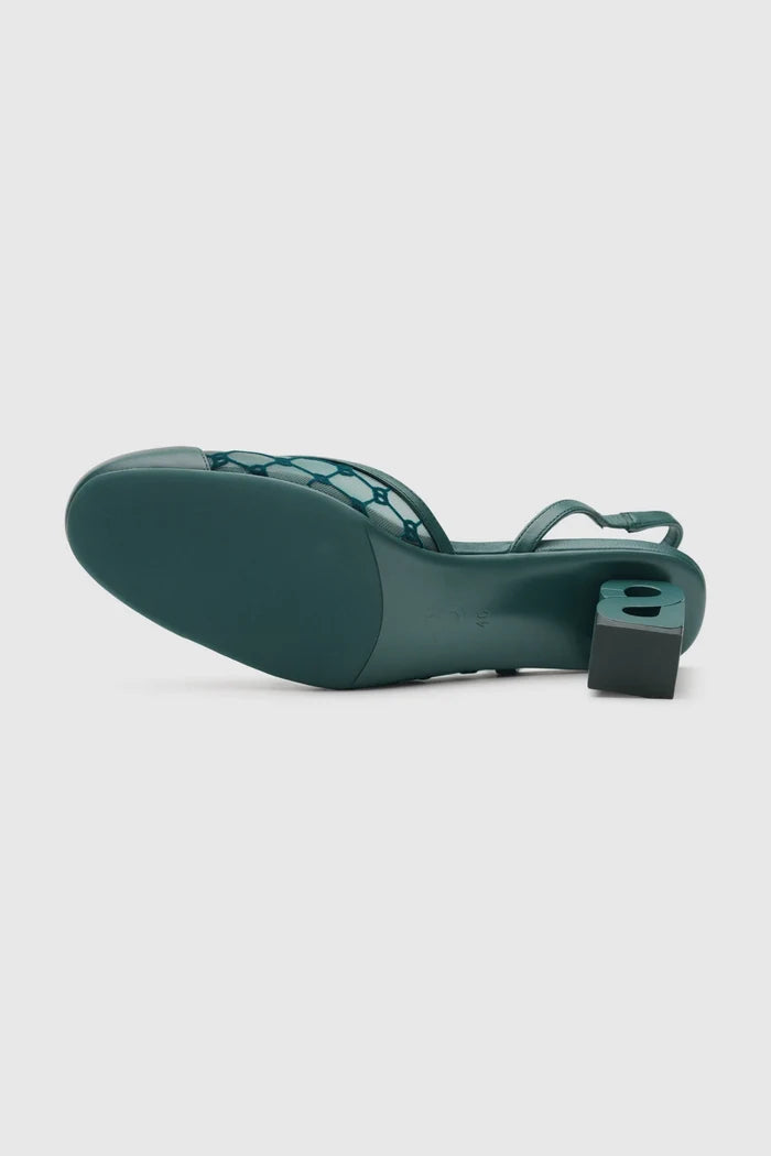 meela be heels in teal bottom heels detail