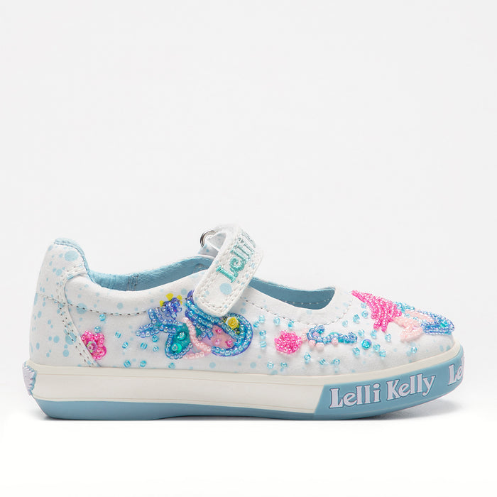 Lelli Kelly girls mermaid Mary Jane shoes — white aqua canvas with hand-beaded sequin ocean design and teal sole