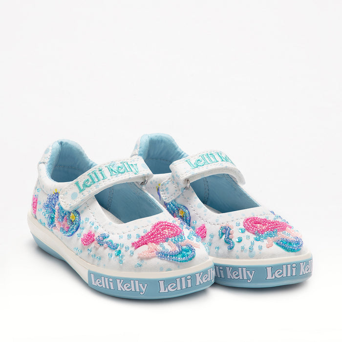 Lelli Kelly Mermaid Dolly flat shoes for girls — beaded sequin dolly shoes with velcro strap in aqua blue and white