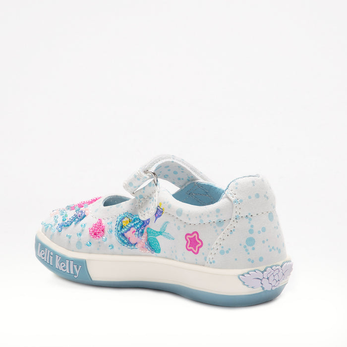 Girl wearing Lelli Kelly mermaid Mary Jane shoes — handcrafted beaded kids flat shoes for school and parties