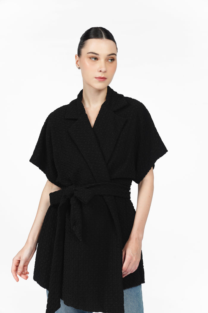 monogram luna knit outer in black by buttonscarves front view