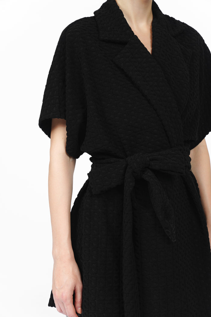 monogram luna knit outer in black by buttonscarves self-tie waist detail