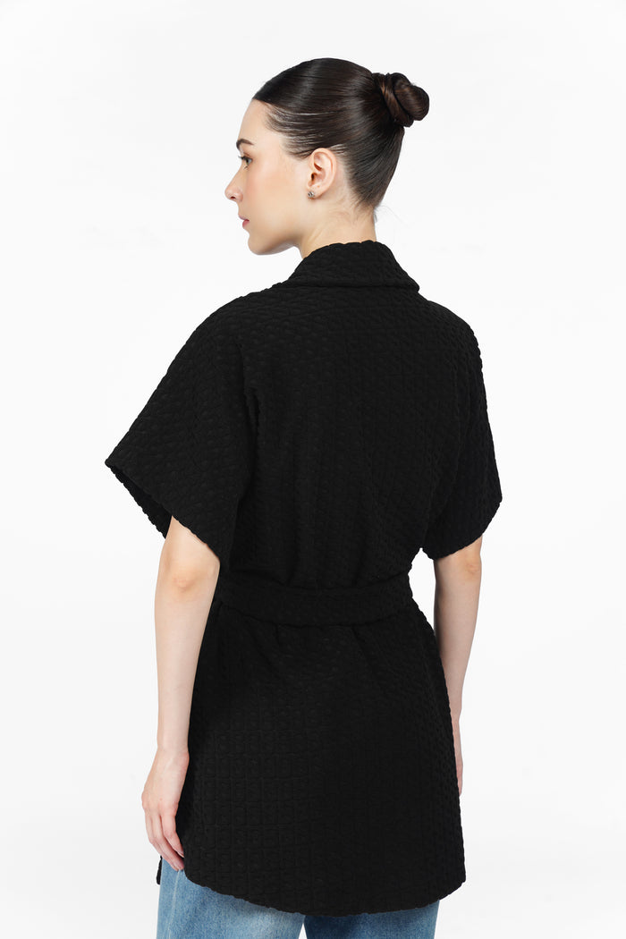 monogram luna knit outer in black by buttonscarves back view