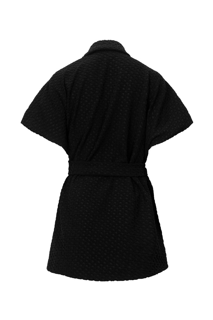 monogram luna knit outer in black by buttonscarves back view